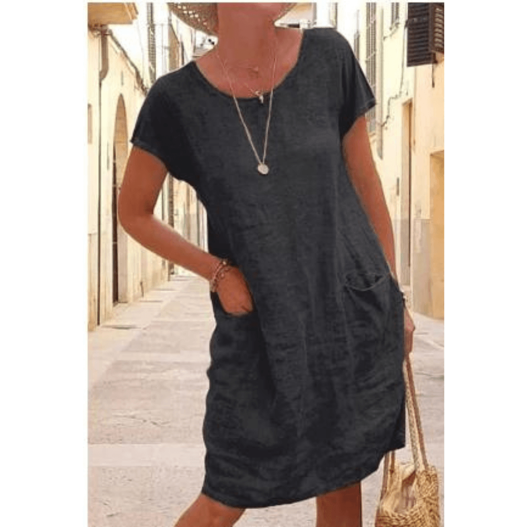 Casual Knee-Length Crew Neck Short Sleeve Dress with Side Pockets