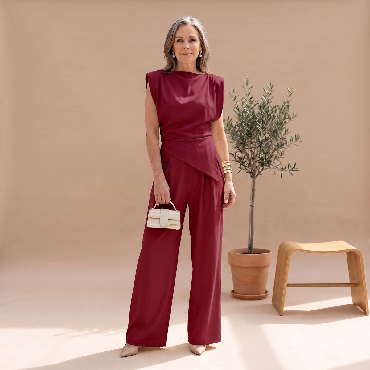 Women's Matching Two-Piece Set with Draped Cowl Neck Top and Wide-Leg Pants
