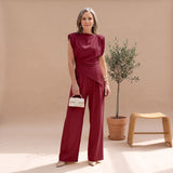 Women's Matching Two-Piece Set with Draped Cowl Neck Top and Wide-Leg Pants