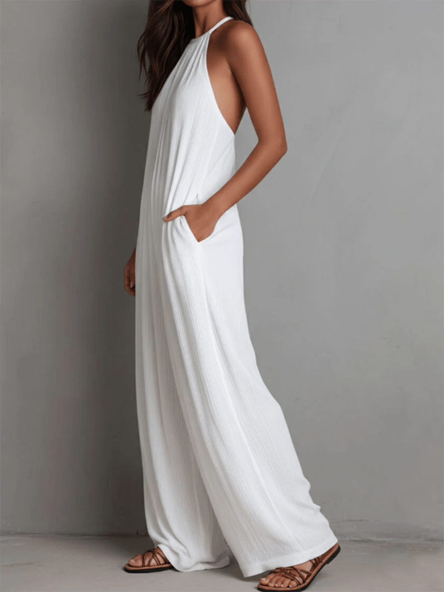 Women's Halter Neck Wide-Leg Linen Jumpsuit with Pockets