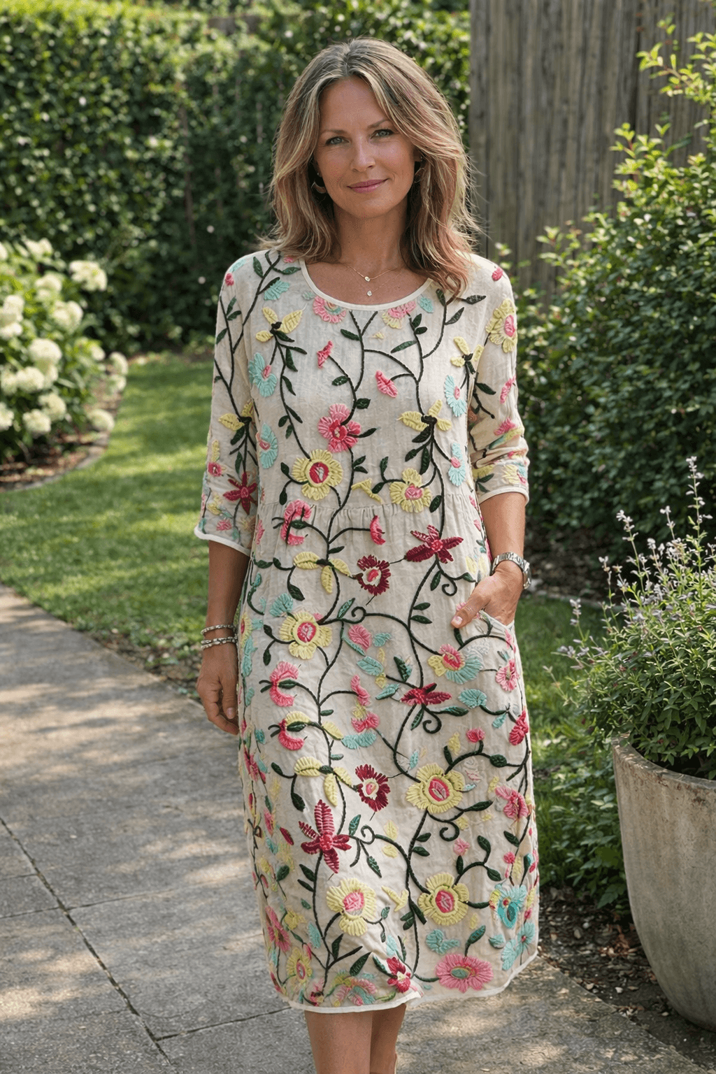 Erica Embroidered Floral Three-Quarter Sleeve Cotton Blend Women's Midi Dress