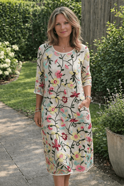 Erica Embroidered Floral Three-Quarter Sleeve Cotton Blend Women's Midi Dress