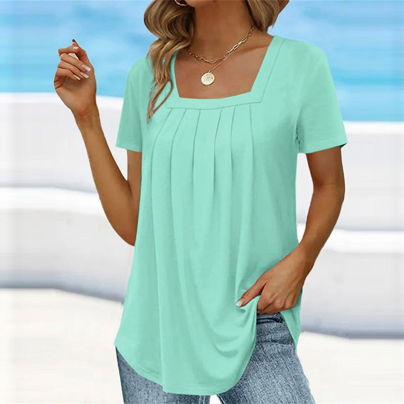 Athena Square Neck Pleated Women's Blouse with Short Sleeves