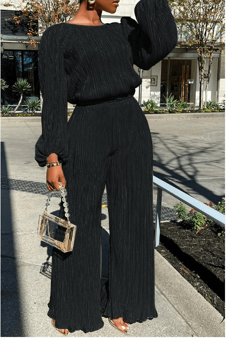 Women's Matching Two-Piece Set with Pleated Wide-Leg Pants and Balloon Sleeve Top