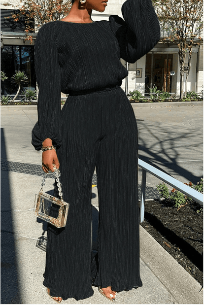 Women's Matching Two-Piece Set with Pleated Wide-Leg Pants and Balloon Sleeve Top