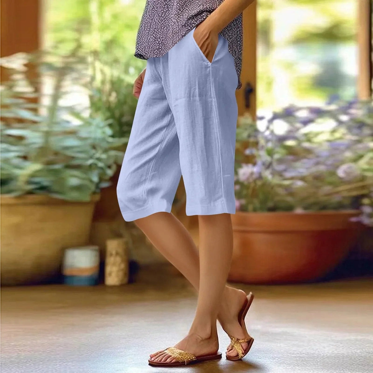 Women's Linen Blend Cropped Shorts with Elastic Waist