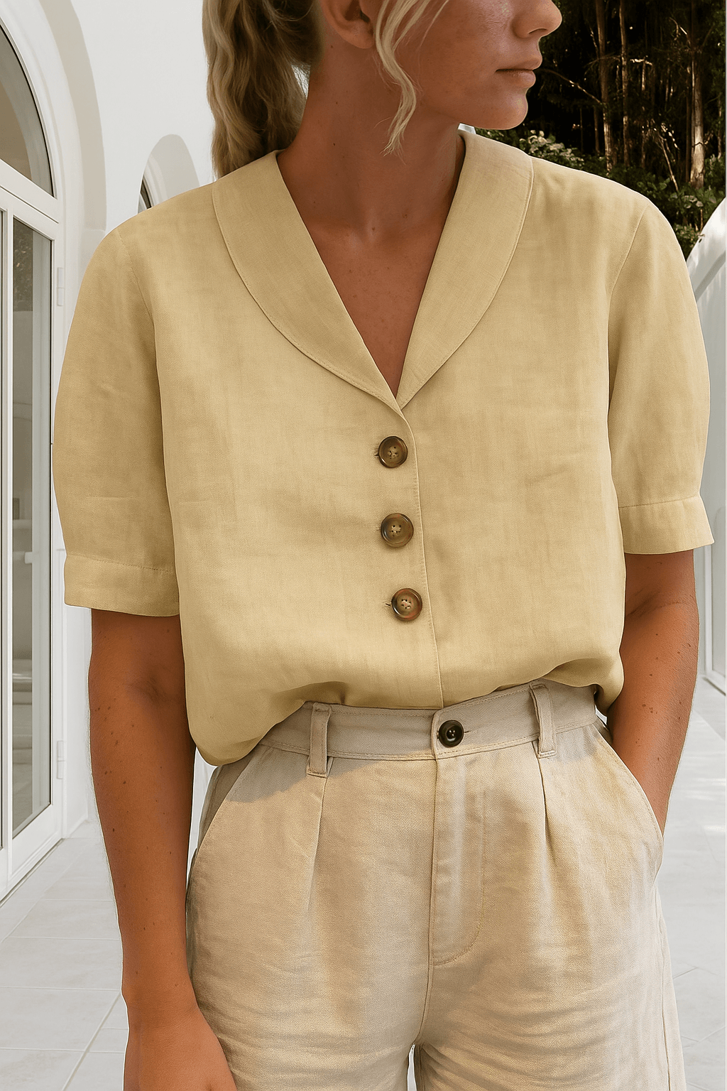 Women's Short Sleeve V-Neck Cotton Button-Down Top for Office Wear