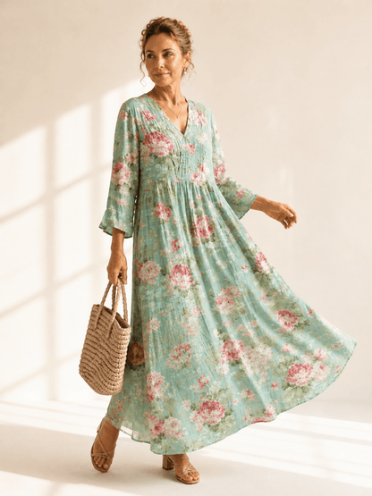 Anne Floral Cotton Women's Midi-Length A-Line Dress with Bell Sleeves