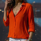 Julia Satin Button-Up Women's Long Sleeve Blouse with Collared V-Neck