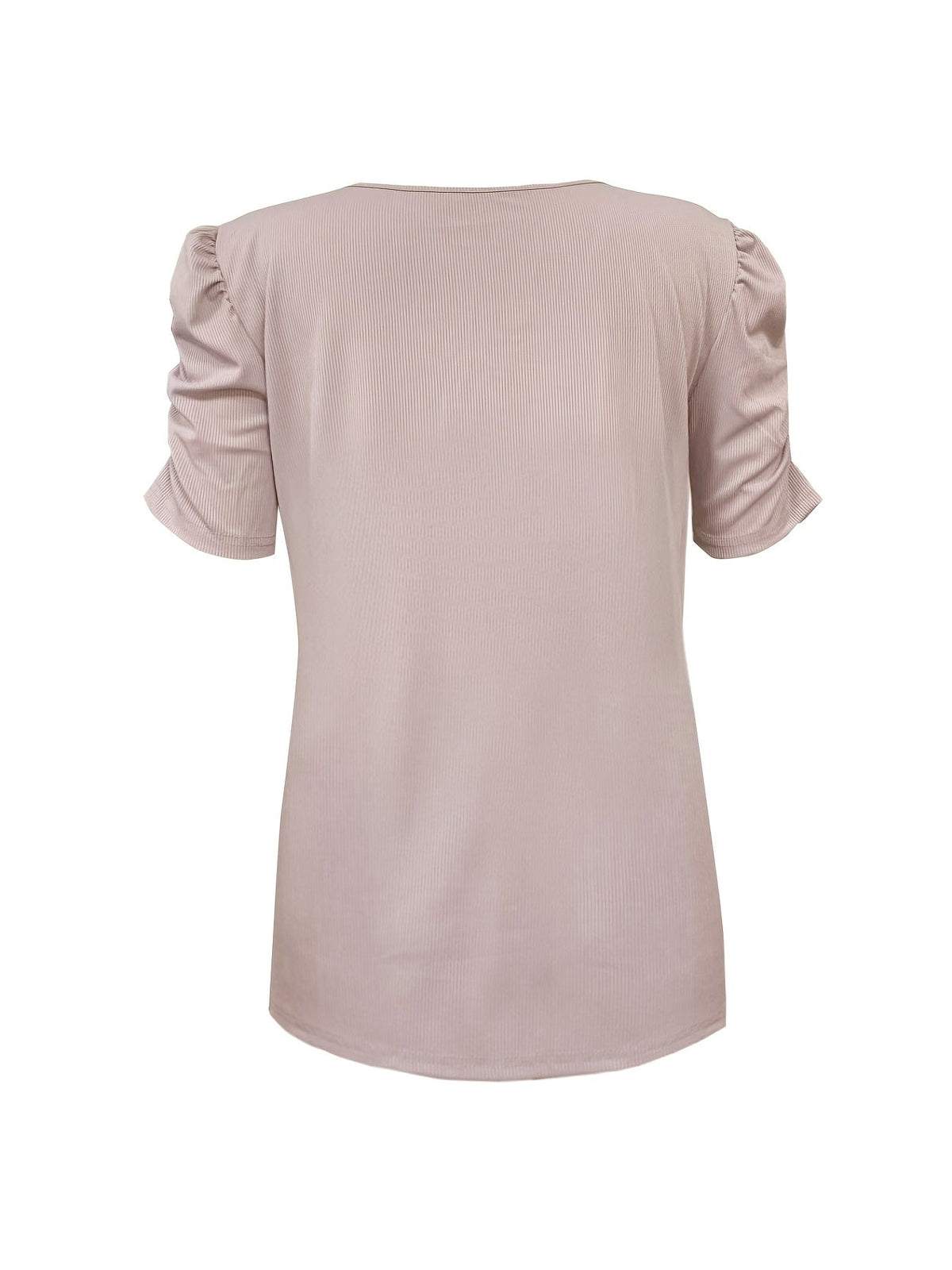 Rica Casual Ribbed V-Neck Top with Ruched Short Puff Sleeves