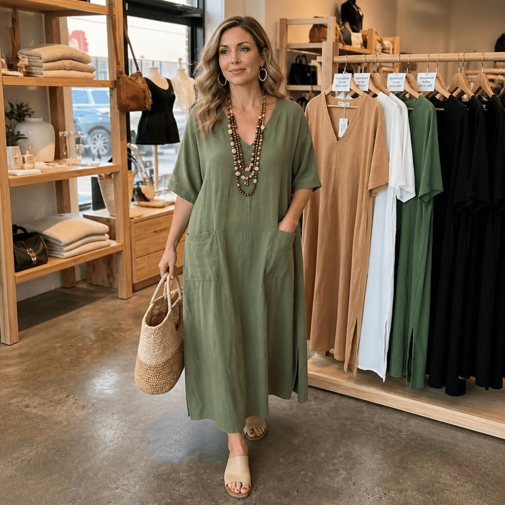 Marisole Loose-Fit V-Neck Maxi Dress with Deep Pockets and Side Slits