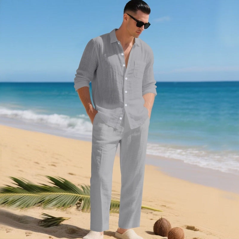 Men's Linen Blend Long-Sleeve Shirt and Pants Two-Piece Set