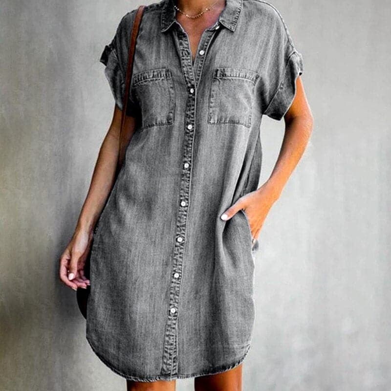 Josephine Button-Down Chambray Denim Mini Shirt Dress with Pockets for Women