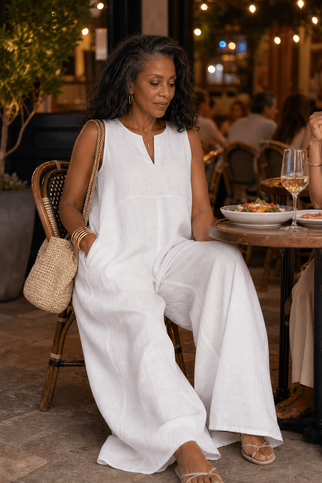 Women's Wide-Leg V-Neck Linen-Look Jumpsuit with Pockets