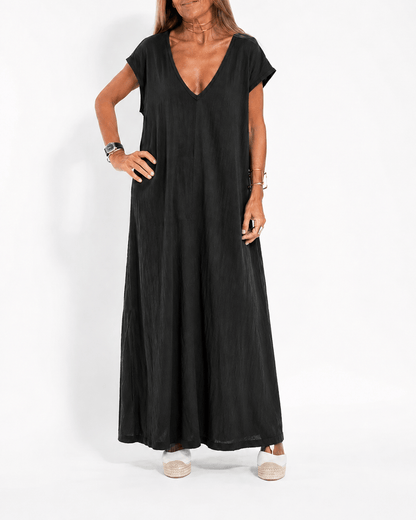 Vera Loose Flowing V-Neck Short Sleeve Maxi Dress with Side Slit