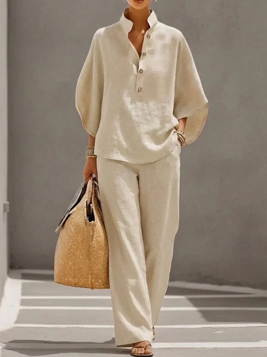Linen Blouse and Wide-Leg Pant Set with Batwing Sleeves