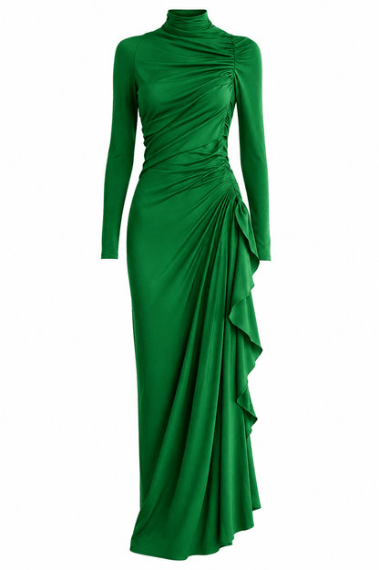 Imogen Wright High-Neck Ruched Jersey Maxi Christmas Dress with Draped Detail