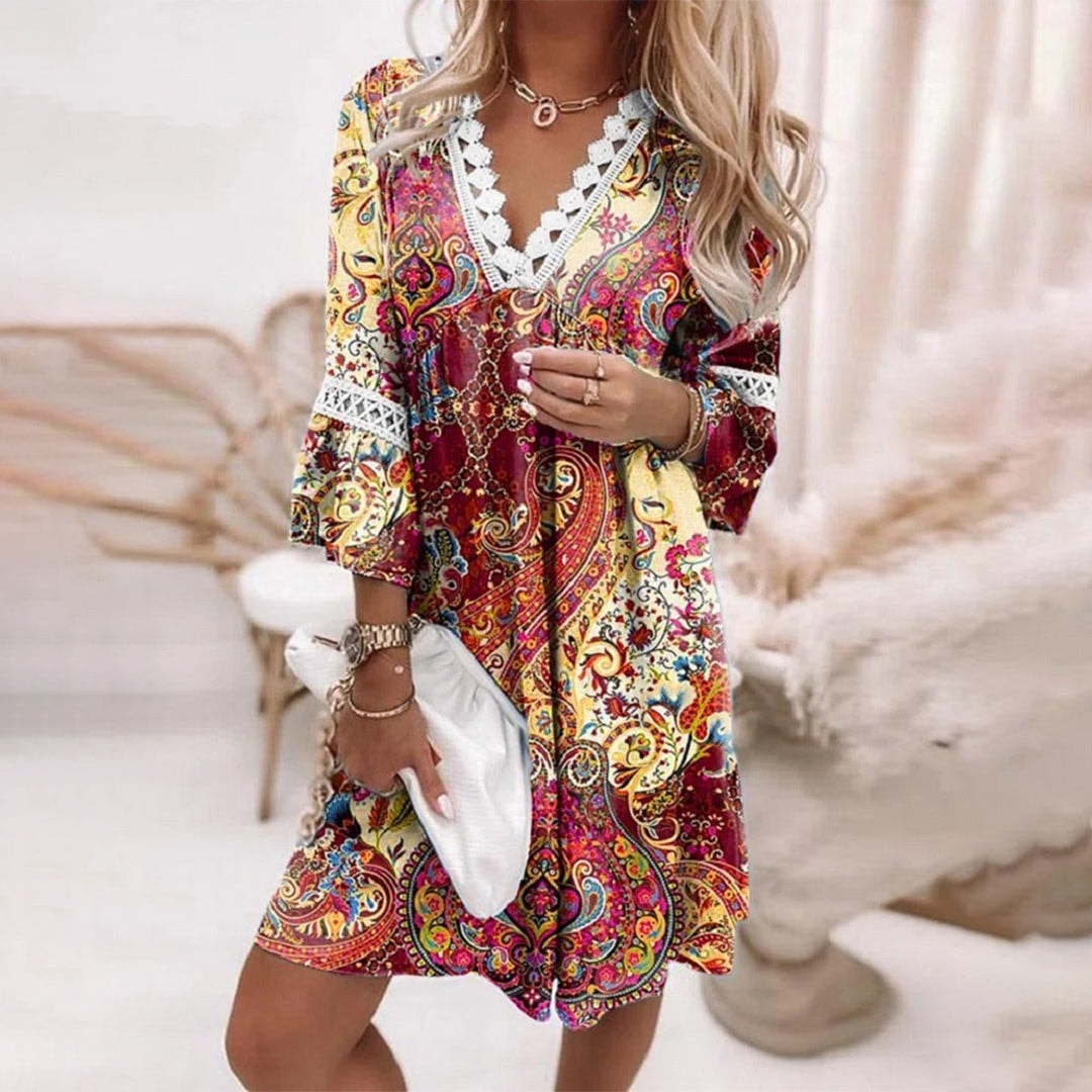 Women's Paisley Print Midi Dress with Crochet Trim and Bell Sleeves