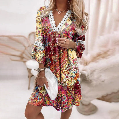 Women's Paisley Print Midi Dress with Crochet Trim and Bell Sleeves
