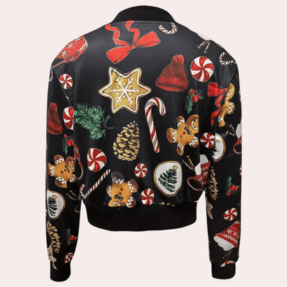 Jorja Christmas Print Cropped Bomber Jacket for Women