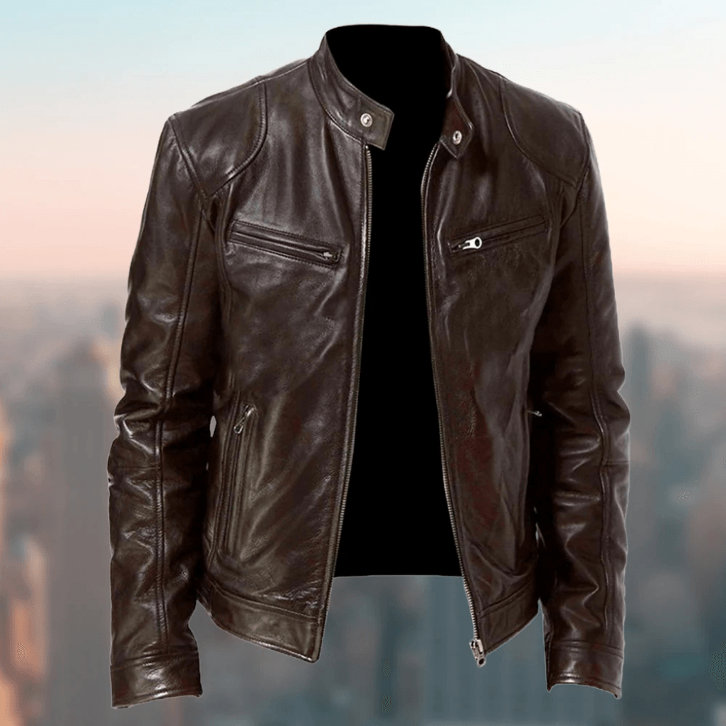 Slim-Fit Leather Moto Men's Jacket with Zippered Front Closure