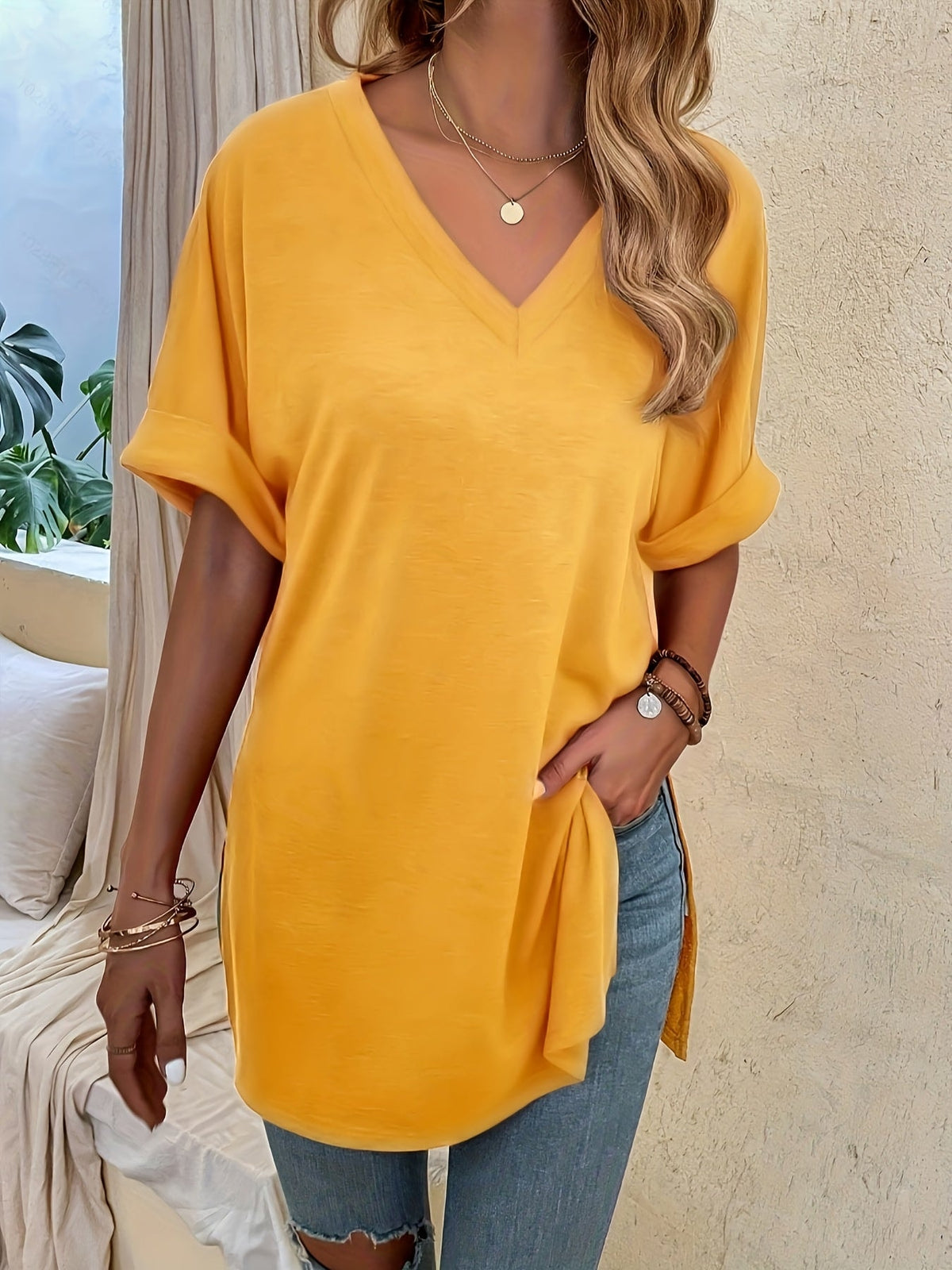 Lily Oversized V-Neck Summer Top with Rolled Short Sleeves and Side Slits