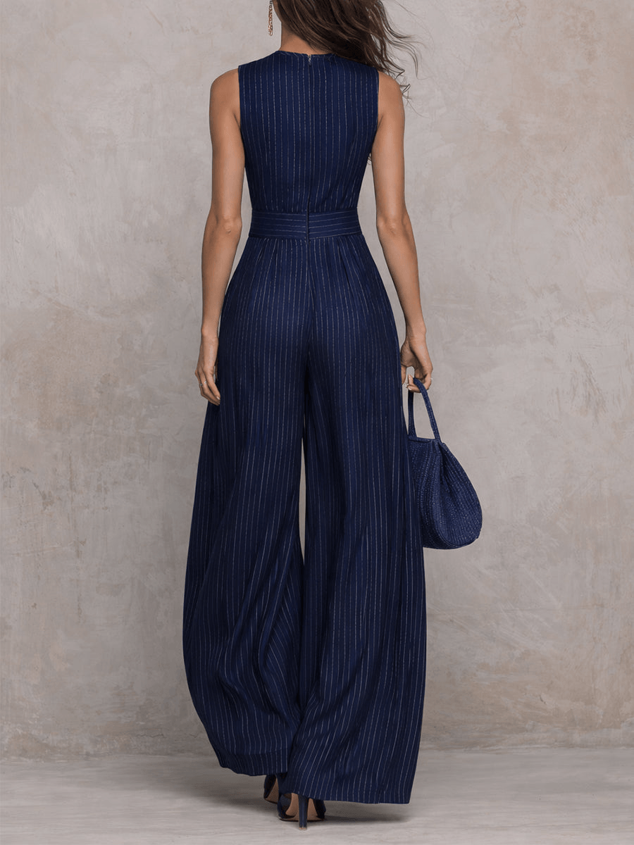 Women's High-Neck Wide-Leg Striped Linen-Blend Jumpsuit