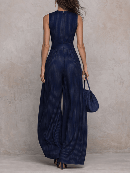 Women's High-Neck Wide-Leg Striped Linen-Blend Jumpsuit