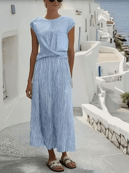Striped Linen-Blend Twisted-Waist Cap-Sleeve Summer Midi Dress