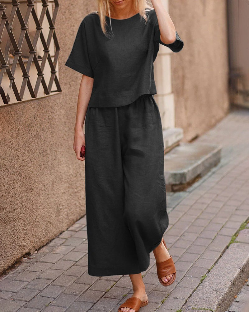 Linen Two-Piece Matching Set with Short-Sleeve Top and Wide-Leg Pants