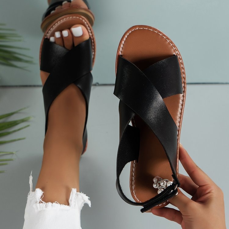 Women's Cushioned Faux Leather Sandals with Cross Straps and Back Zip