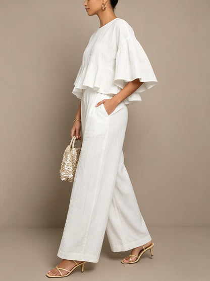 Matching Linen Two-Piece Set with Ruffle-Sleeve Top and Wide-Leg Pants