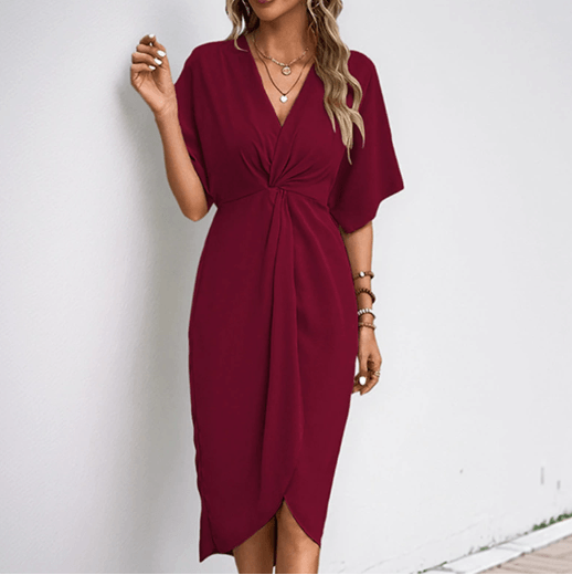 Tessa V-Neck Twist Front Midi Dress with Tulip Hem and Short Sleeves