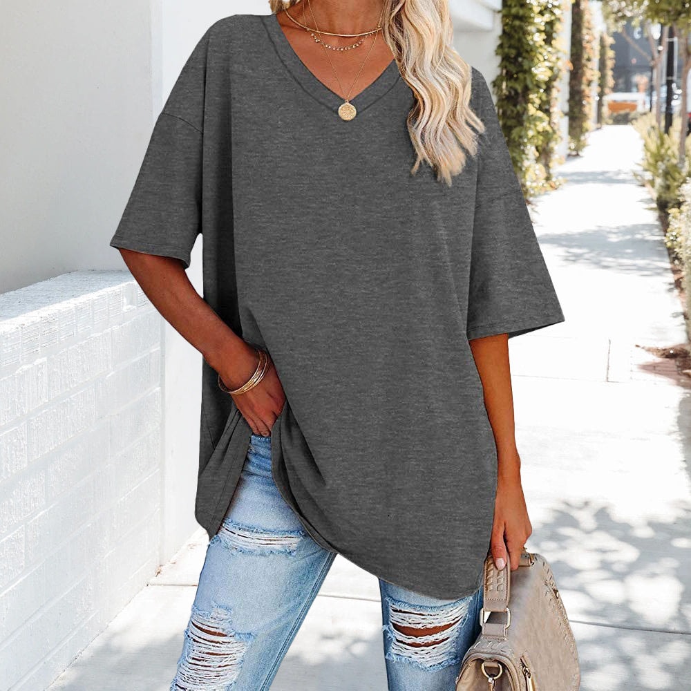 Oversized Cotton V-Neck Short Sleeve Top for Women