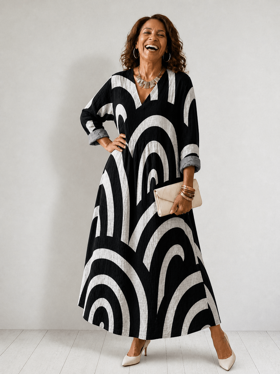 Cynthia Abstract Print Cotton Women's Midi Dress with Three-Quarter Sleeves
