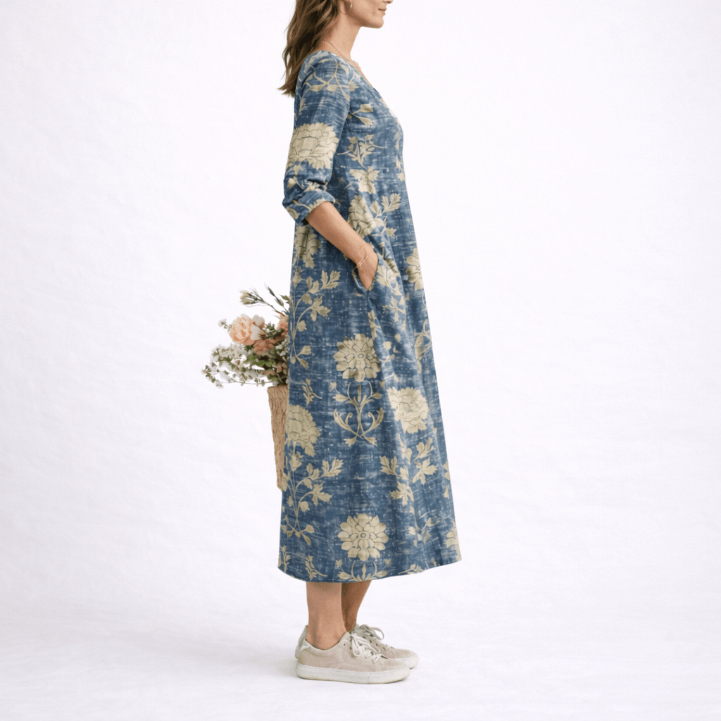 Floral Linen Women's Summer Midi Dress with Three-Quarter Sleeves