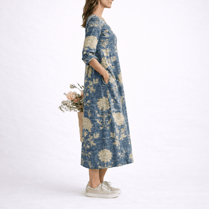 Floral Linen Women's Summer Midi Dress with Three-Quarter Sleeves