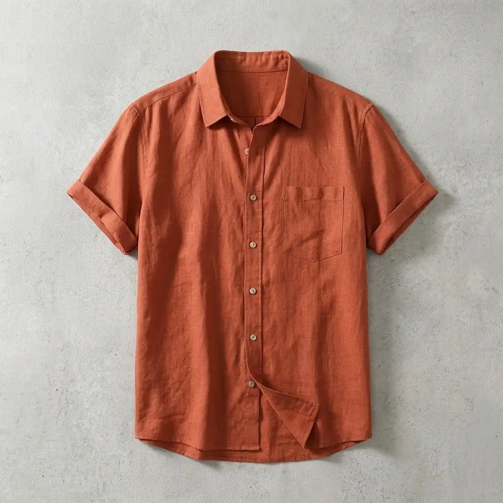 Women's Short Sleeve Linen Button-Up Top with Chest Pocket