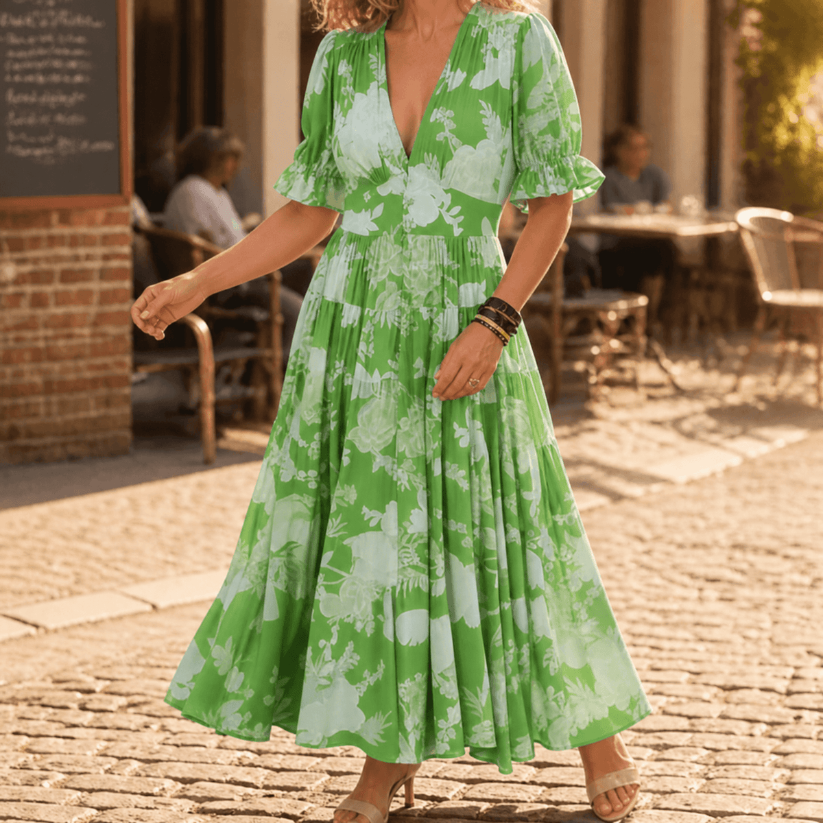 Minelda Floral Tiered V-Neck Women's Summer Maxi Dress with Flutter Sleeves and Belted Waist