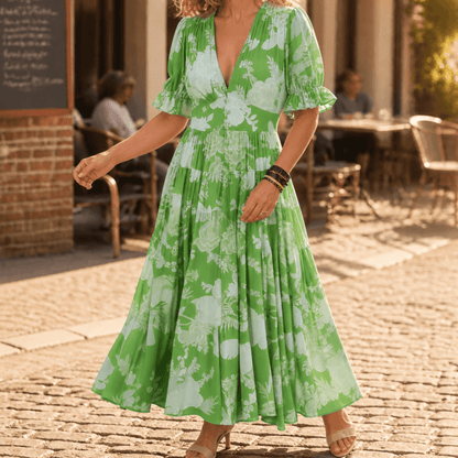 Minelda Floral Tiered V-Neck Women's Summer Maxi Dress with Flutter Sleeves and Belted Waist