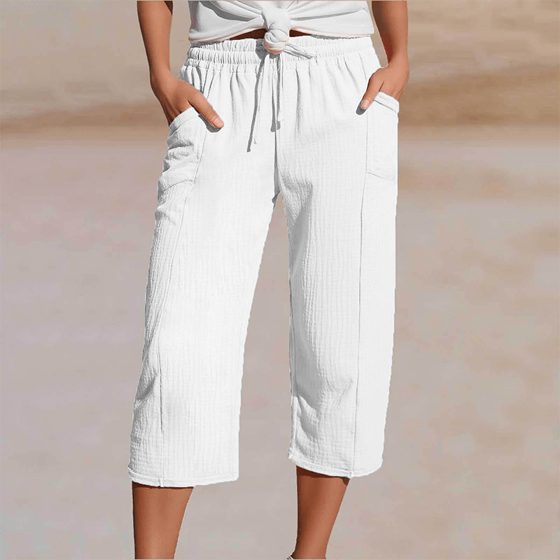 Women's Cotton Linen Cropped Wide-Leg Pants with Drawstring Waist