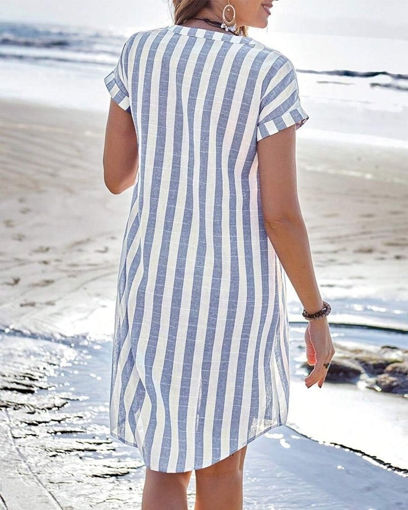 Women's Striped Cotton Button-Front Shirt Midi Dress with Short Sleeves