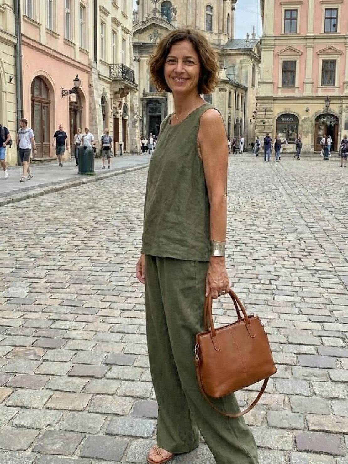 Sage Matching Linen Sleeveless Top and Wide-Leg Pants Two-Piece Set
