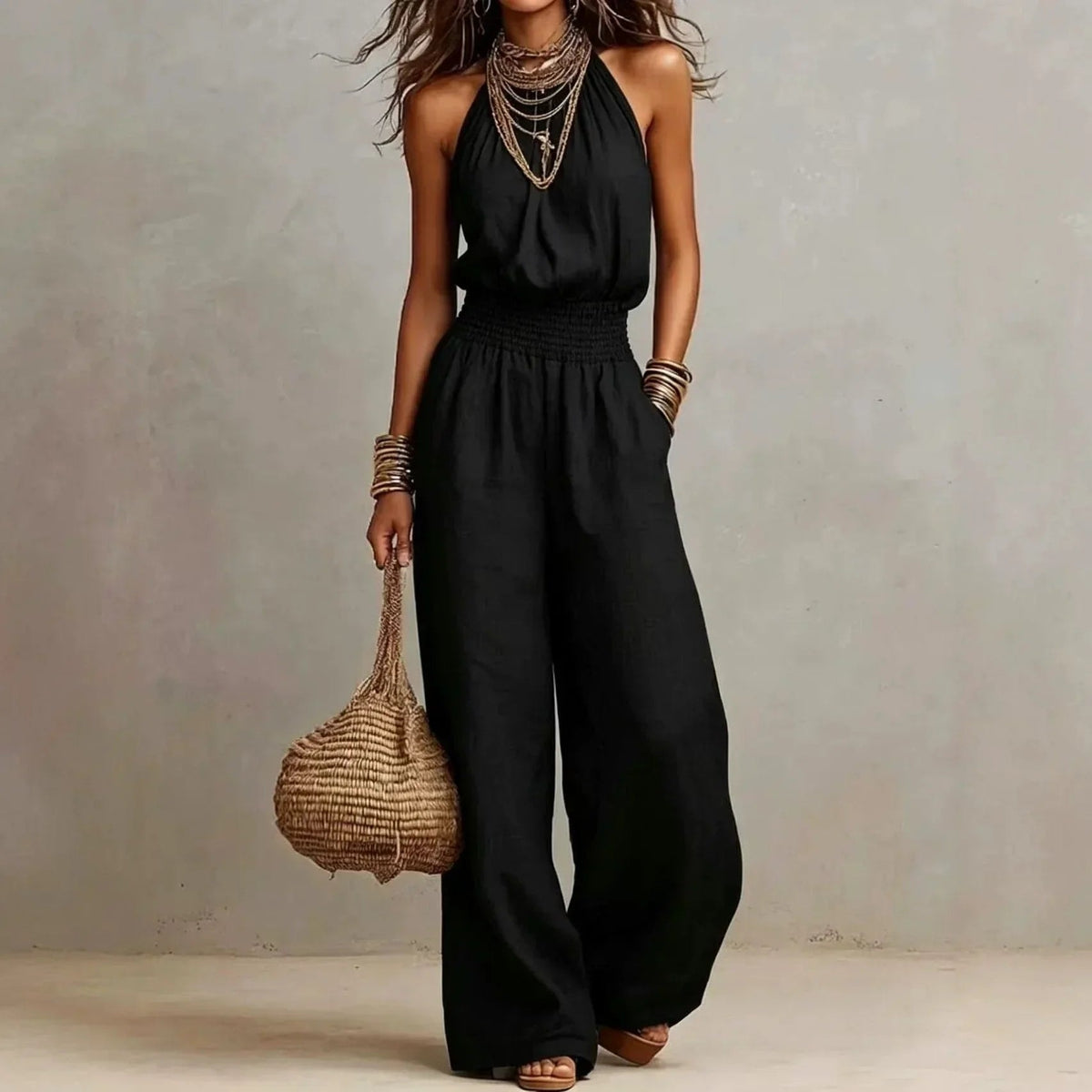 Women's Halter Neck Wide Leg Linen Jumpsuit with Smocked Waist