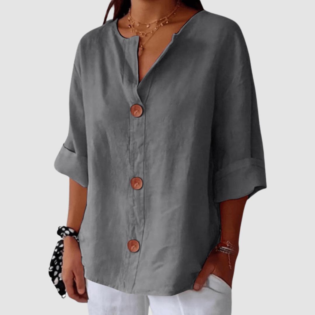 Leah Casual Linen Blouse with V-Neck Button Front and Rolled Sleeves