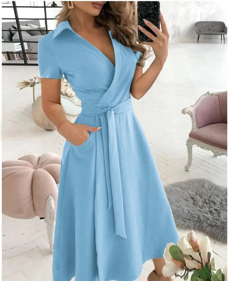 Judy Tie Waist Wrap Style A-Line Midi Dress for Women