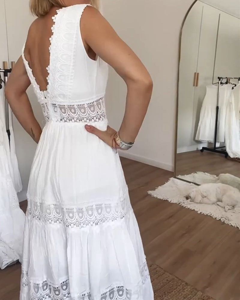 Anna Lace-Trim V-Neck Tiered Cotton Summer Dress with Open Back