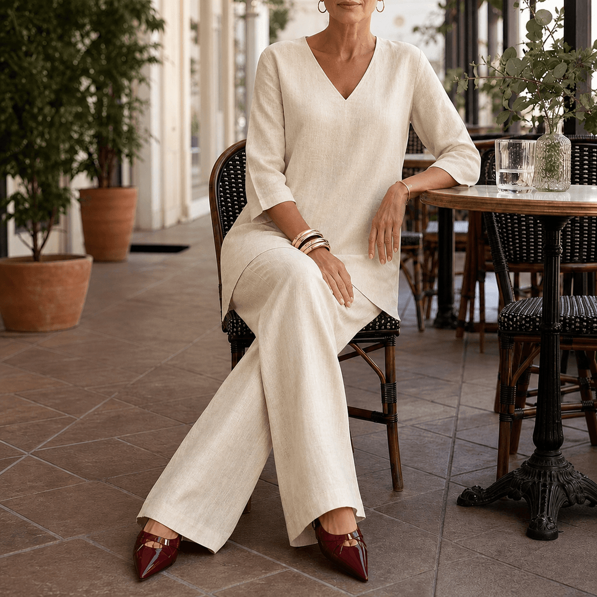 Draperly V-Neck Linen-Look Matching Set with Wide-Leg Pants