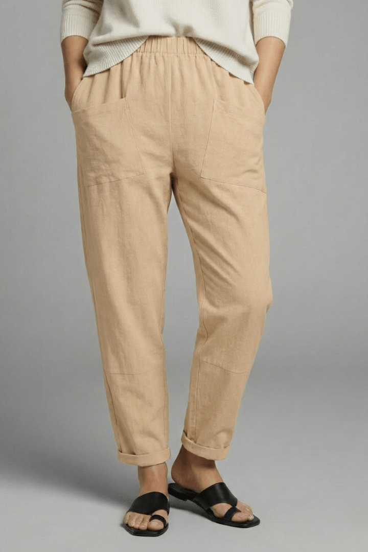 Tapered Ankle-Length Pants with Elastic Waist and Large Patch Pockets