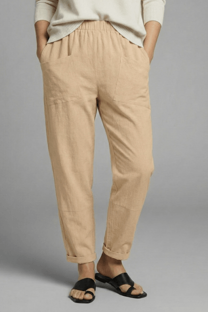 Tapered Ankle-Length Pants with Elastic Waist and Large Patch Pockets